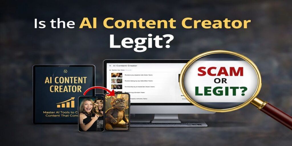 Graphic asking if the AI Content Creator is legit with scam or legit magnifying glass over the product dashboard
