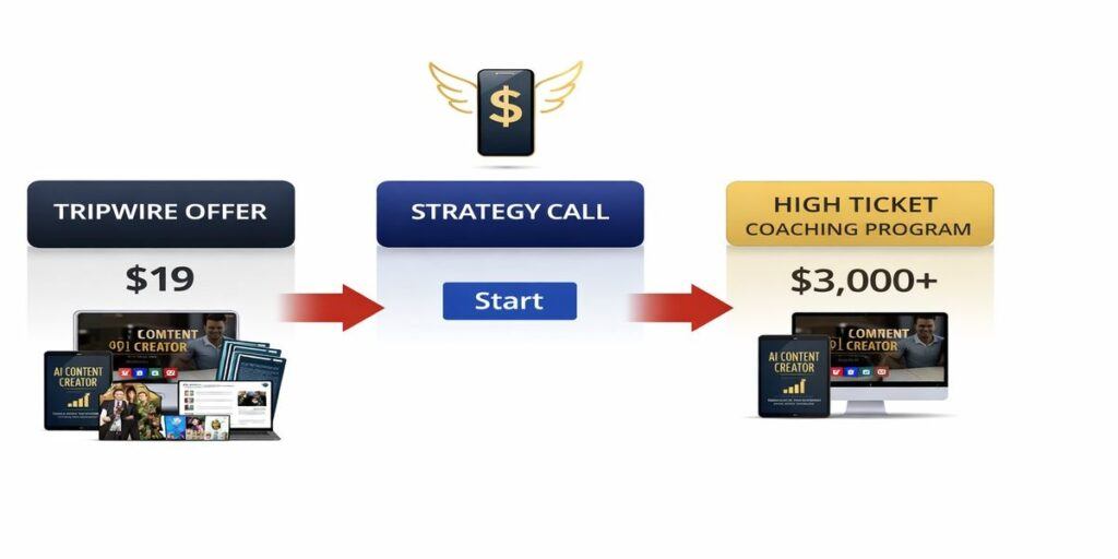 Diagram showing tripwire offer, strategy call, and high ticket coaching funnel used in Smartphone Freedom Lifestyle