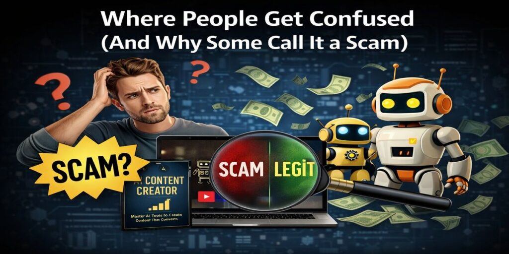 Illustration showing confusion over whether AI Content Creator is a scam or legit inside Smartphone Freedom Lifestyle funnel