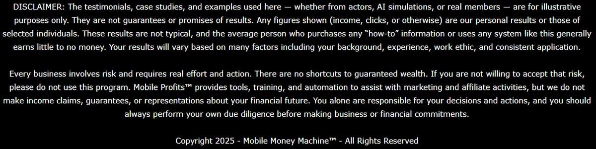Mobile Profit System disclaimer referencing Mobile Money Machine