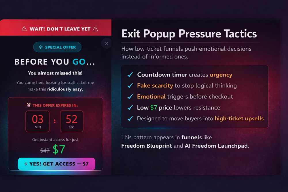 Automatic Affiliate exit popup showing $7 tripwire offer with countdown timer and psychological urgency tactics
