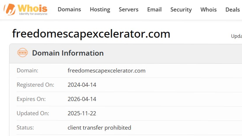 WHOIS lookup showing FreedomEscapeXcelerator domain registration details including creation date and registrar information