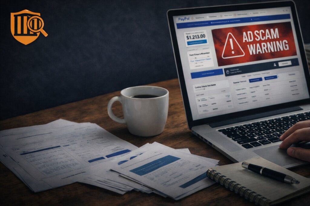 Investigative workspace with laptop displaying scam warning and Scam Busters USA magnifying glass logo