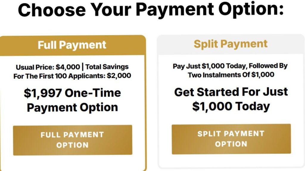 Freedom EscapeXcelerator upsell showing $1,997 full payment and $1,000 split payment high ticket offer