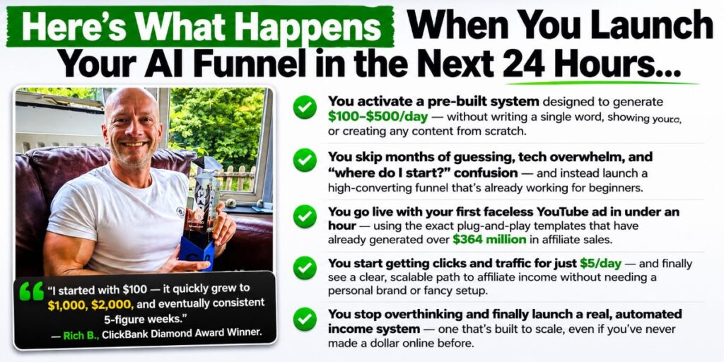 Sales page screenshot from the $500 Day AI Funnel claiming beginners can launch faceless affiliate campaigns within 24 hours using AI and paid traffic
