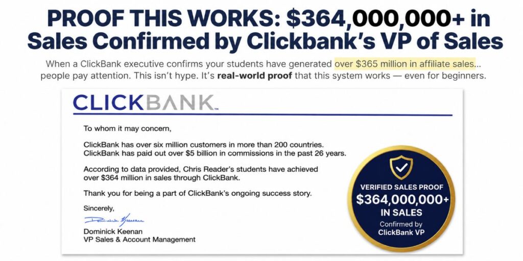 ClickBank sales verification screenshot shown inside the $500 Day AI Funnel sales presentation referencing affiliate sales generated by students