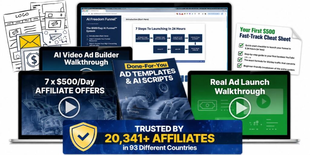 Inside look at the $500 Day AI Funnel members area showing AI ad templates, affiliate offer walkthroughs, and training resources for faceless YouTube marketing campaigns