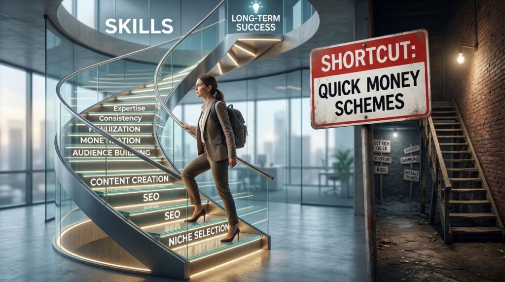 illustration showing difference between building real online business skills and chasing quick money systems