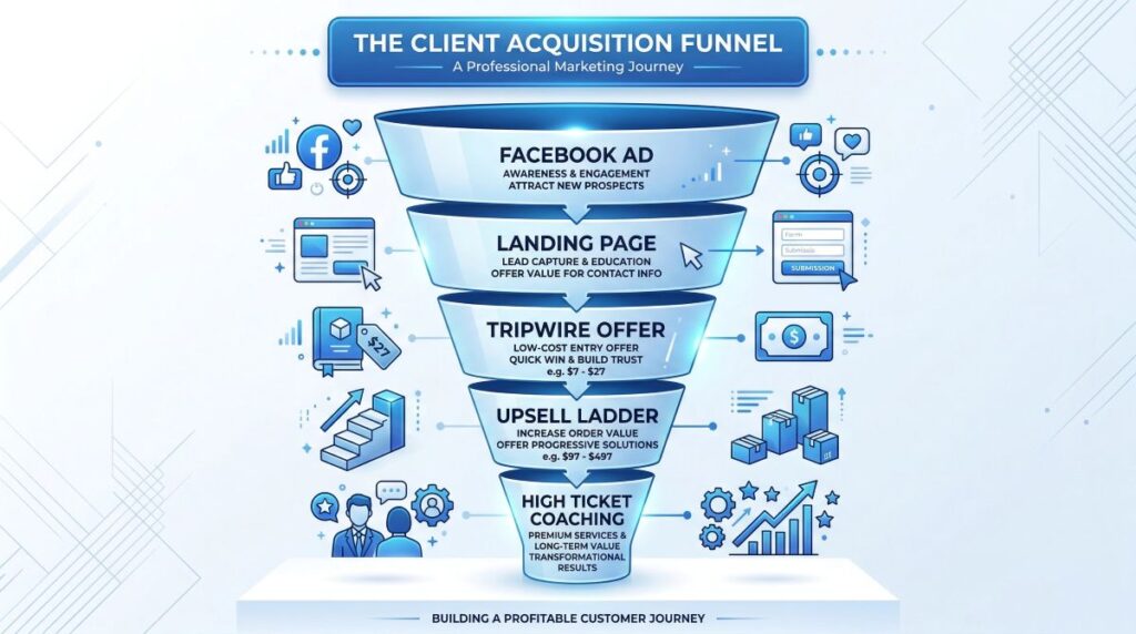diagram showing how a facebook work from home ad leads into a tripwire offer funnel with upsells
