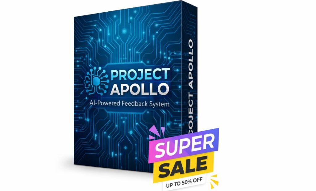 Project Apollo AI-powered feedback system funnel screenshot showing promotional sales page and product box