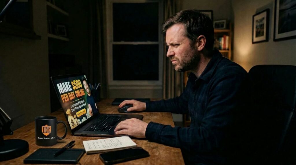 Man looking skeptically at a laptop displaying a “make money online” ad in a dimly lit home office