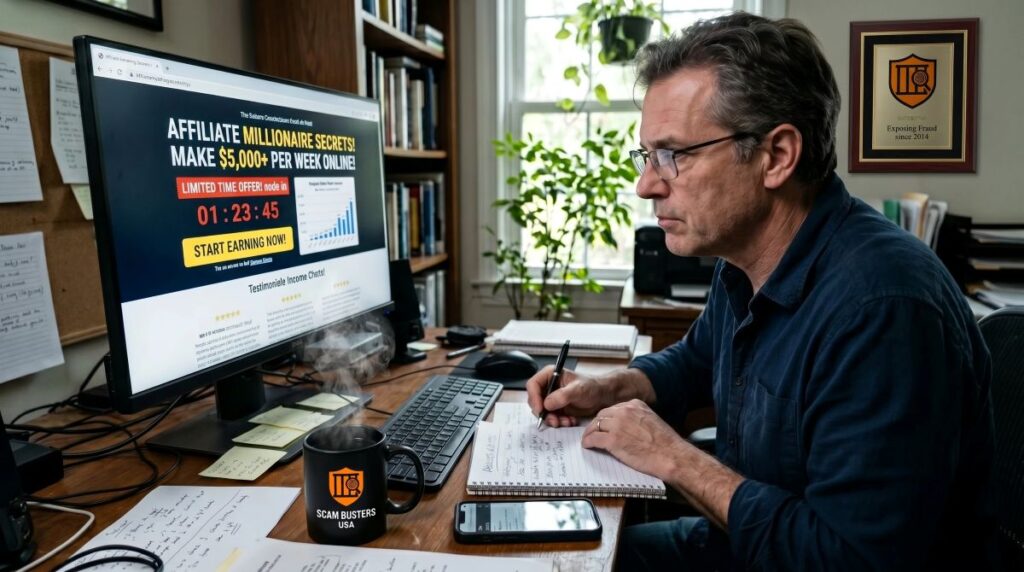 Man reviewing a make money online sales page and taking notes to verify if an affiliate offer is legitimate