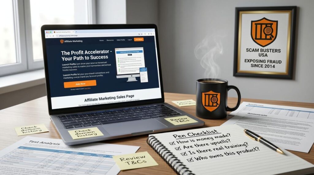 Laptop displaying affiliate offer with notebook checklist analyzing upsells training and business model for legitimacy