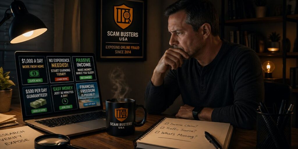 Man analyzing make money online offers and questioning income claims and methods
