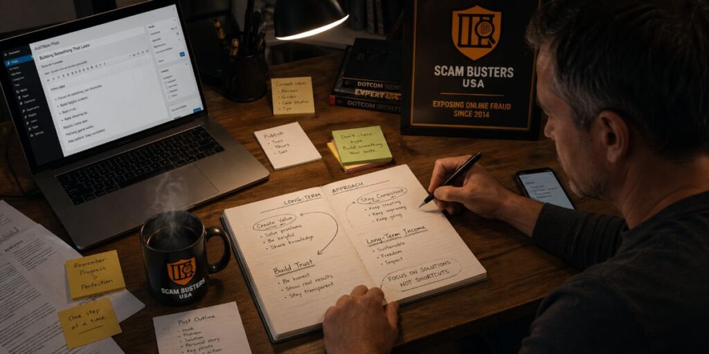 Workspace showing laptop and notes focused on building income through skills and consistent effort