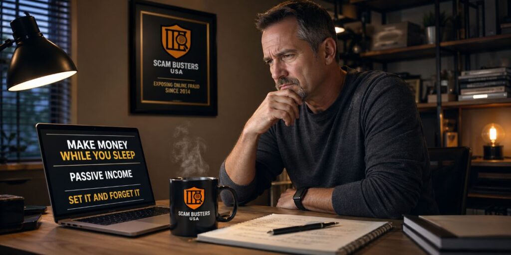 Man analyzing passive income claims on a laptop with skeptical expression in a realistic home office setting