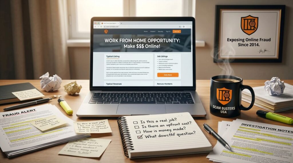 Laptop displaying a work from home opportunity with a handwritten checklist reviewing legitimacy upfront costs and how money is made