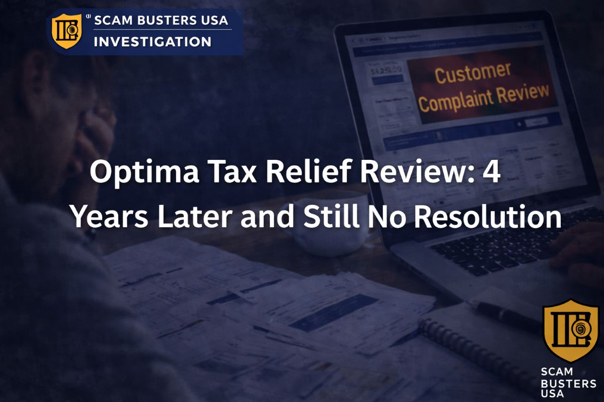 Optima Tax Relief review showing customer complaint investigation and unresolved tax issues after four years