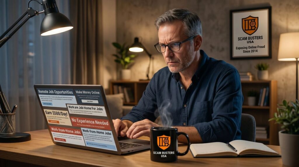 Man reviewing work from home job listings on a laptop with a skeptical expression while evaluating legitimate opportunities