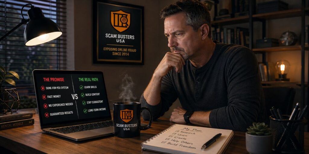 Man comparing shortcut systems vs real skill building on a laptop in a home office