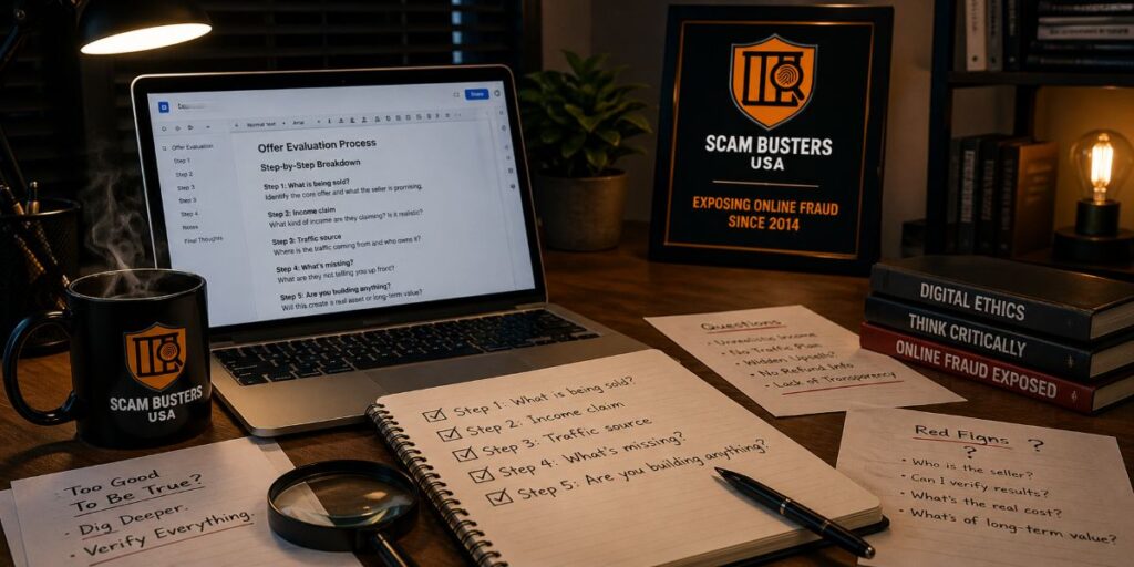 Workspace showing checklist used to analyze make money online offers step by step