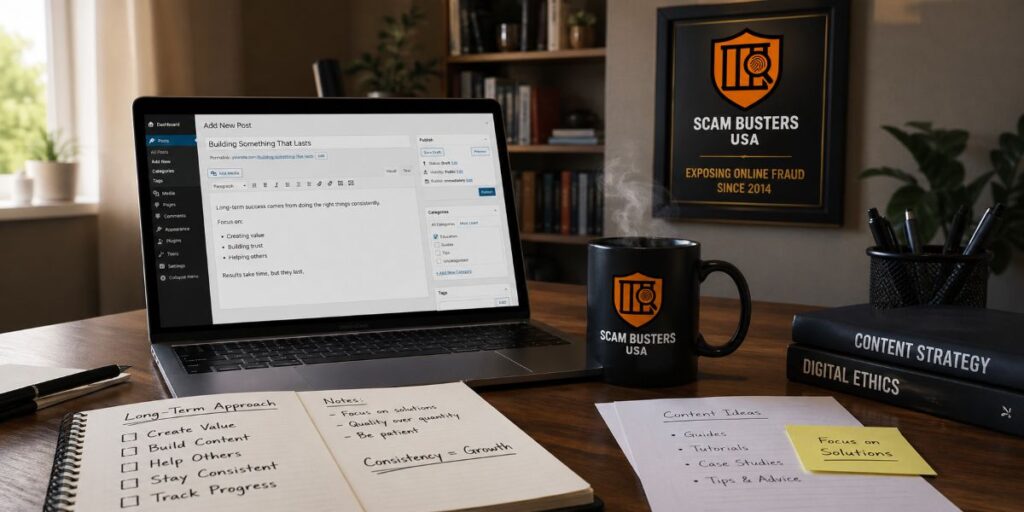 Workspace showing laptop and notes focused on building passive income through content and consistent effort