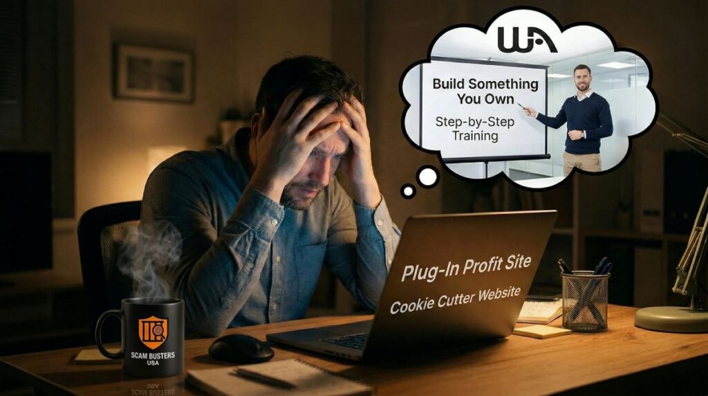 Why Most Affiliate Marketing Beginners Fail With Cookie Cutter Websites Frustrated man struggling with a cookie-cutter affiliate marketing system while thinking about building a real online business with step-by-step training