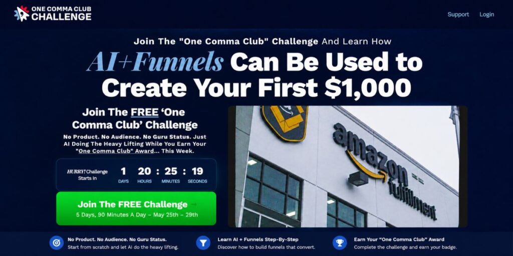 One Comma Club Challenge landing page claiming AI funnels can help beginners create their first $1,000 online with a countdown timer and free challenge signup CTA.