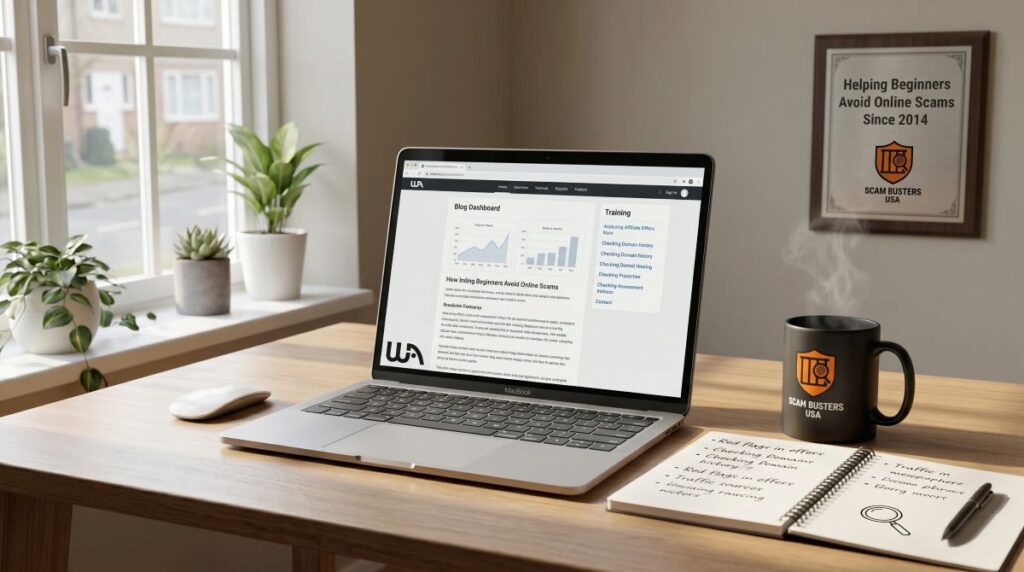Professional home office setup representing safe and trustworthy affiliate marketing guidance for beginners on Scam Busters USA.