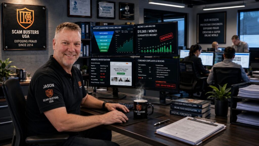 Jason reviewing online business opportunities and scam warning signs while researching consumer complaints and marketing tactics at Scam Busters USA headquarters.