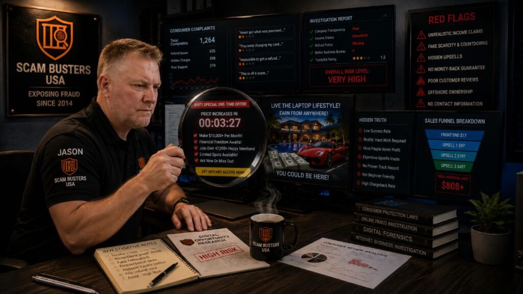 Jason reviewing online business opportunities and scam warning signs while researching consumer complaints and marketing tactics at Scam Busters USA.