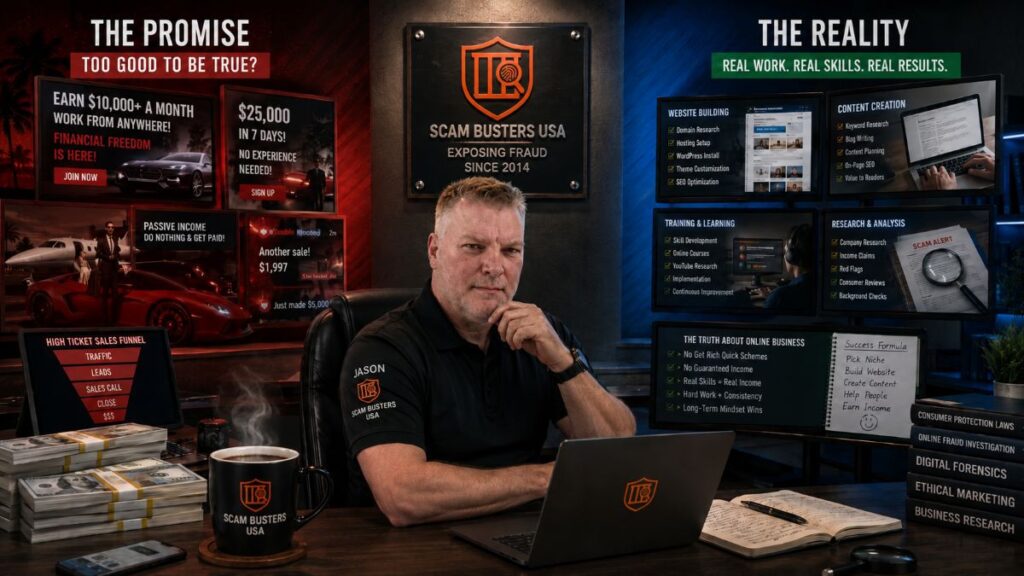 Jason Taft compares exaggerated online income claims and luxury lifestyle marketing with the real work of building a legitimate online business through content creation, research, training, and website development.
