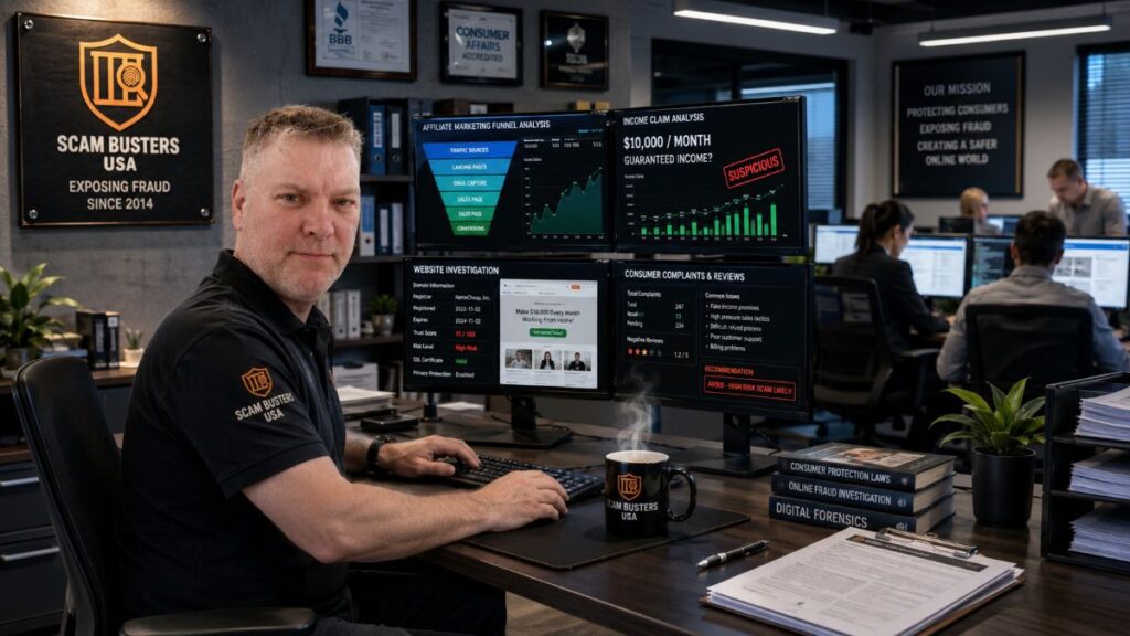 Jason Taft reviews affiliate marketing programs, income claims, consumer complaints, and online business opportunities inside the Scam Busters USA investigative headquarters.