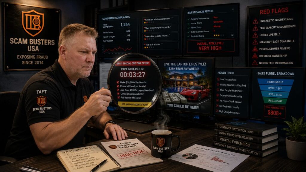 Jason Taft uses investigative research to identify online business red flags including unrealistic income claims, fake scarcity tactics, hidden upsells, consumer complaints, and misleading marketing practices.