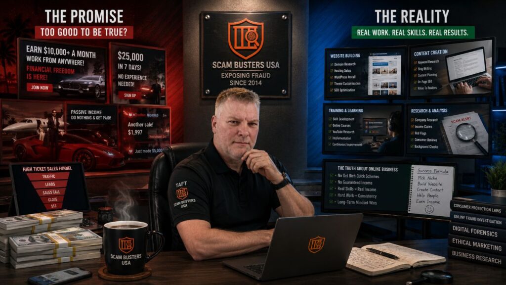 Jason Taft compares exaggerated online income claims and luxury lifestyle marketing with the real work of building a legitimate online business through content creation, research, training, and website development.