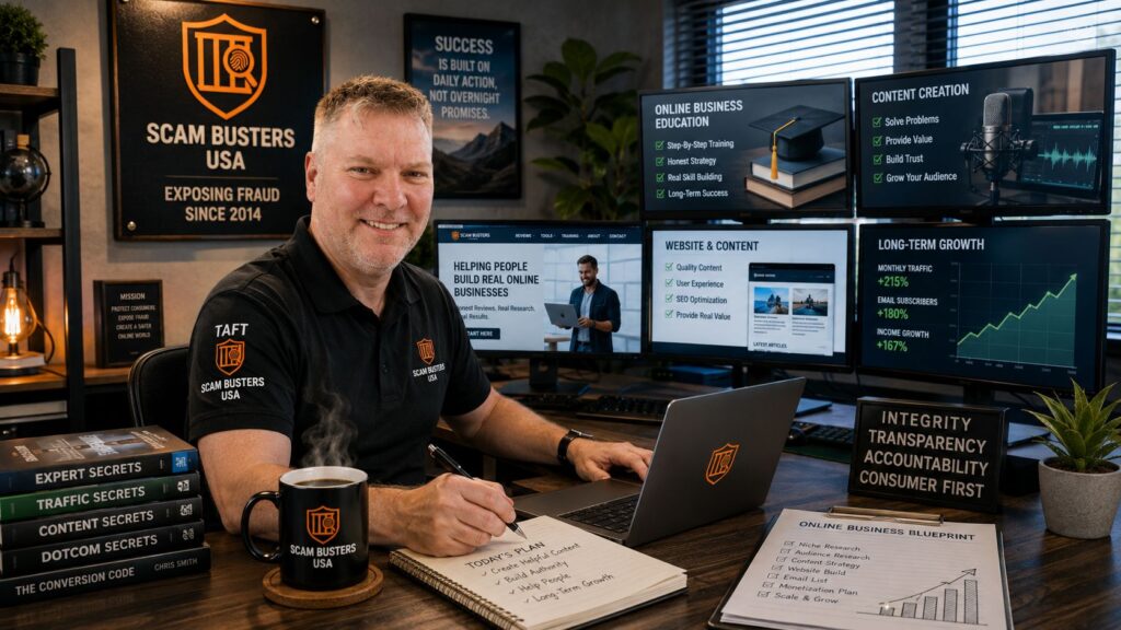 Jason Taft working on content creation, website development, training, and long-term business growth at Scam Busters USA.