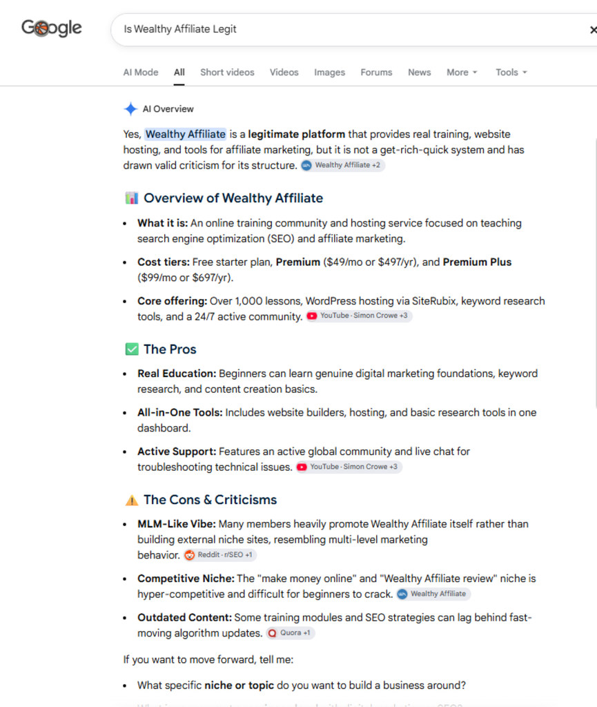 Google AI Overview for “Is Wealthy Affiliate Legit” showing pros, criticisms, and cited sources