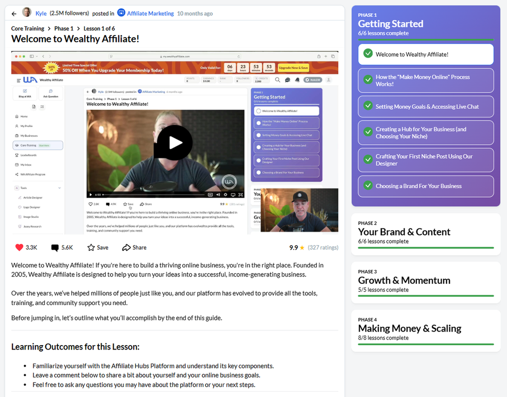 Wealthy Affiliate Core Training showing current lessons and four training phases in 2026