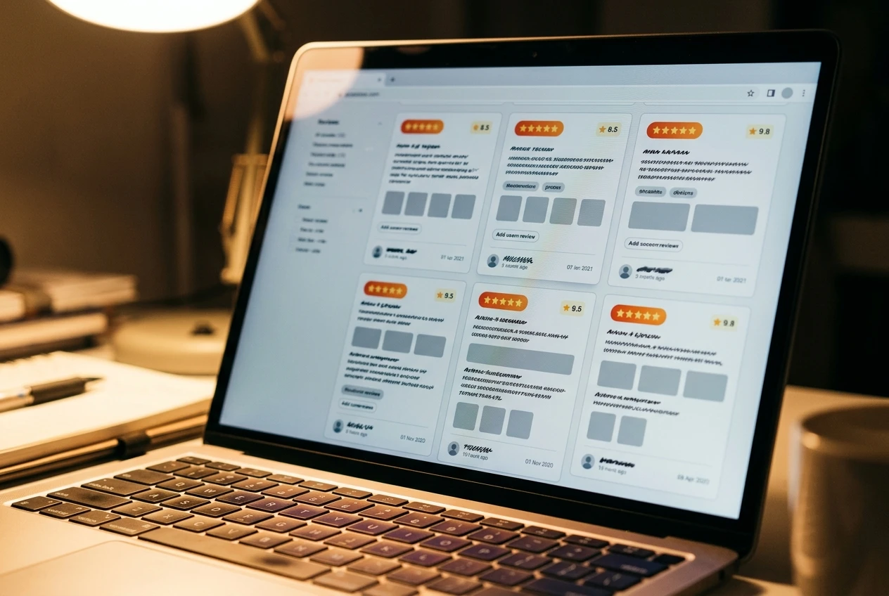 A laptop screen showing a list of product review cards, each with a bright star rating badge clustered between 8.5 and 9.8, all nearly identical, under warm desk lamp light.