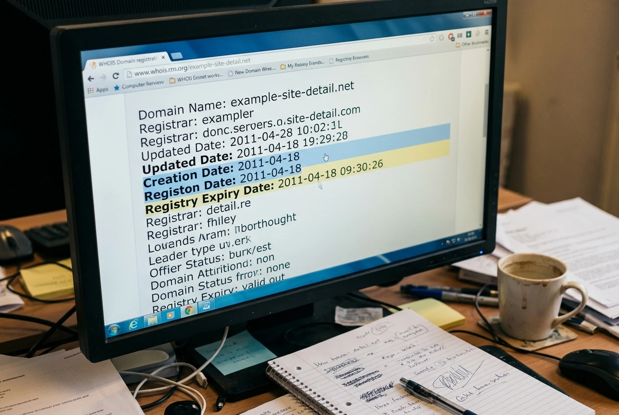 A close-up of a computer screen displaying a WHOIS domain lookup results page with registration date fields highlighted, on a cluttered desk with a notepad and coffee cup nearby.
