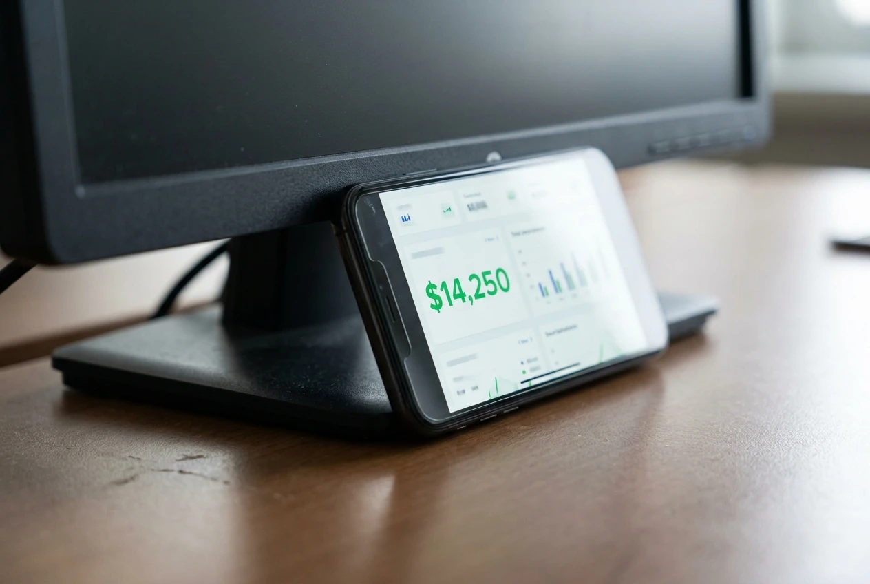 A smartphone propped against a monitor showing a cropped dashboard screenshot with a large green dollar figure, isolated and out of context against a plain desk background.