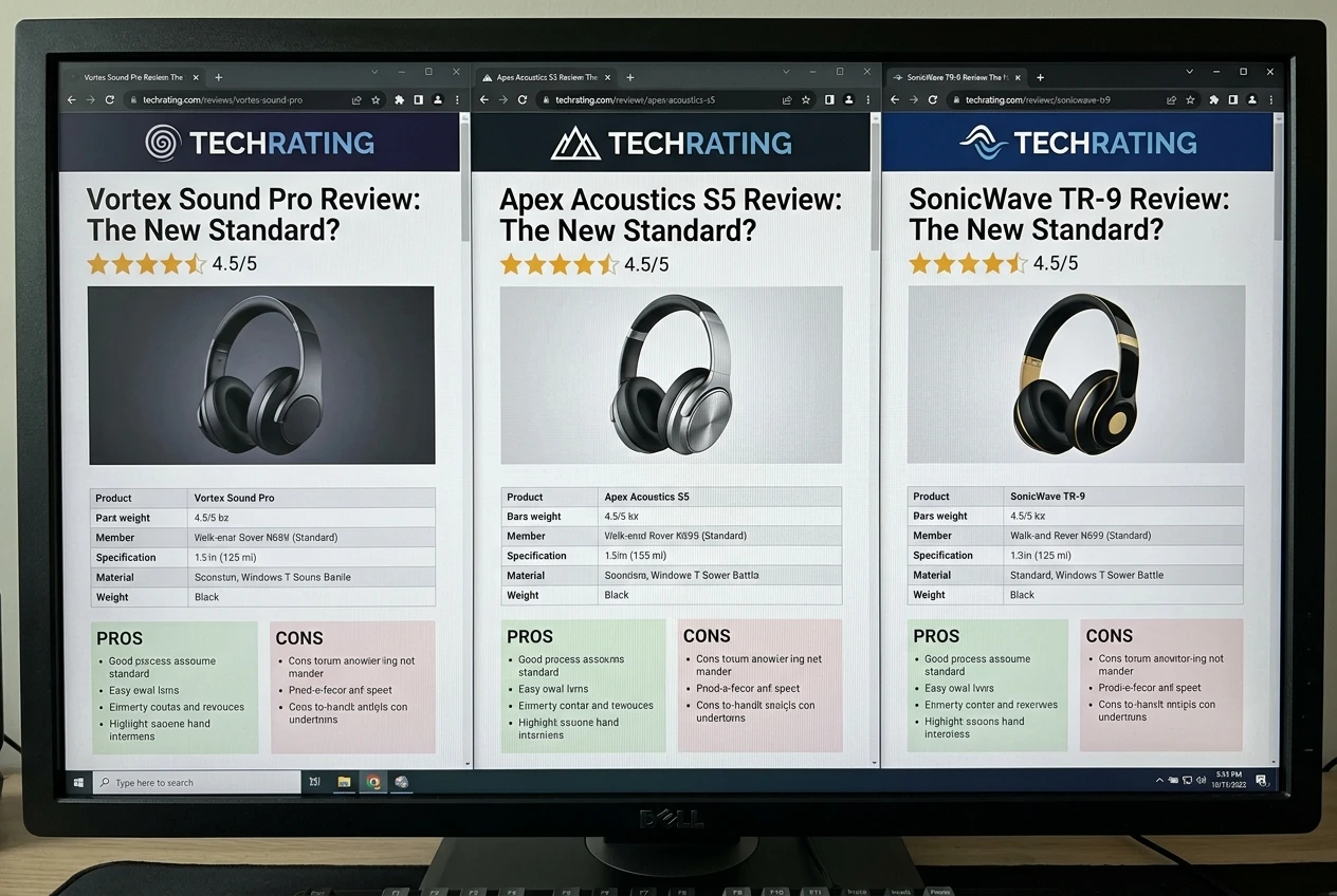 Several browser tabs open side by side on a widescreen monitor, each showing a nearly identical review page layout with only the product name and logo changed.