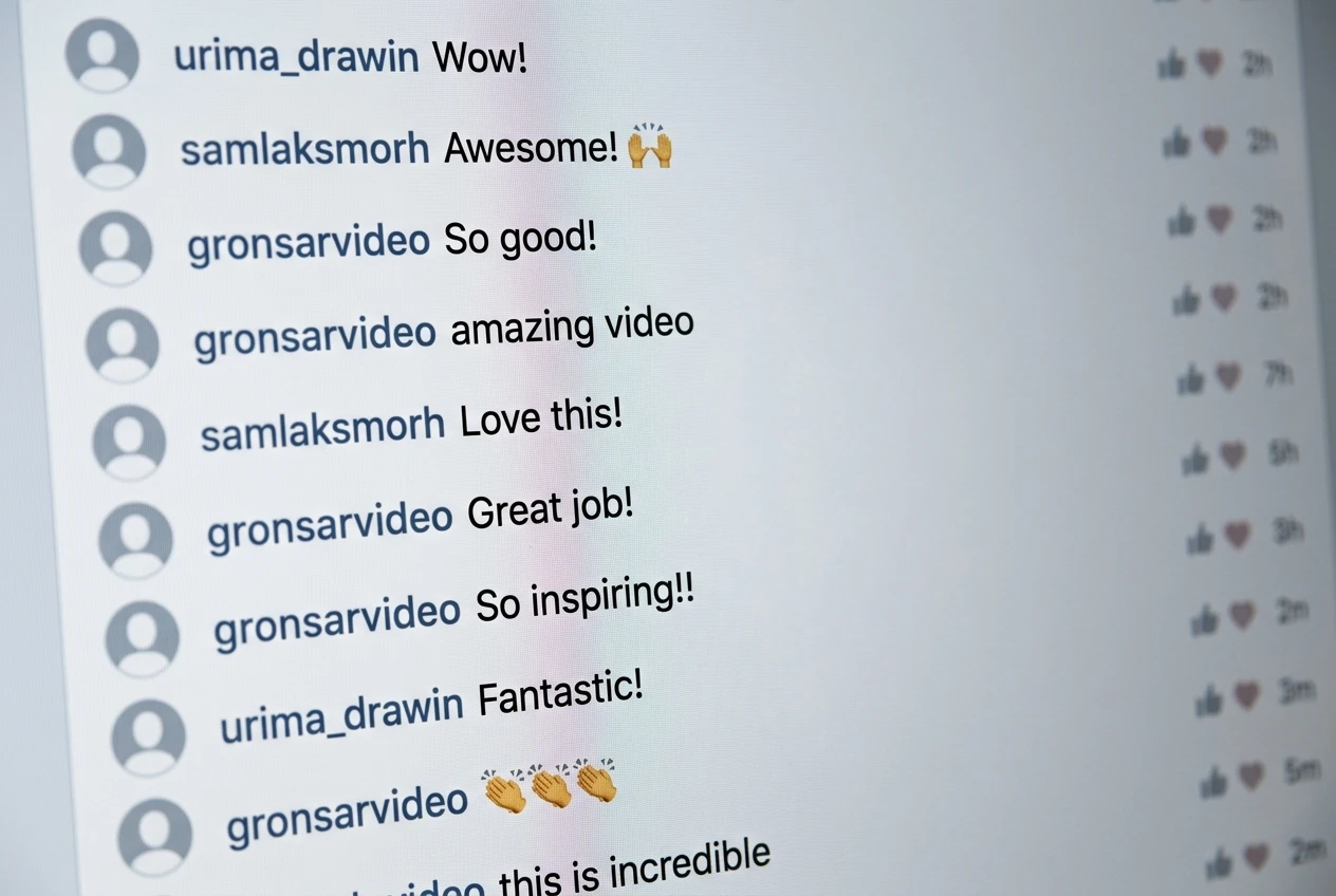 A close-up of a comments section on a screen filled with short praising messages and generic grey avatar icons, scrolling past in uniform rows.