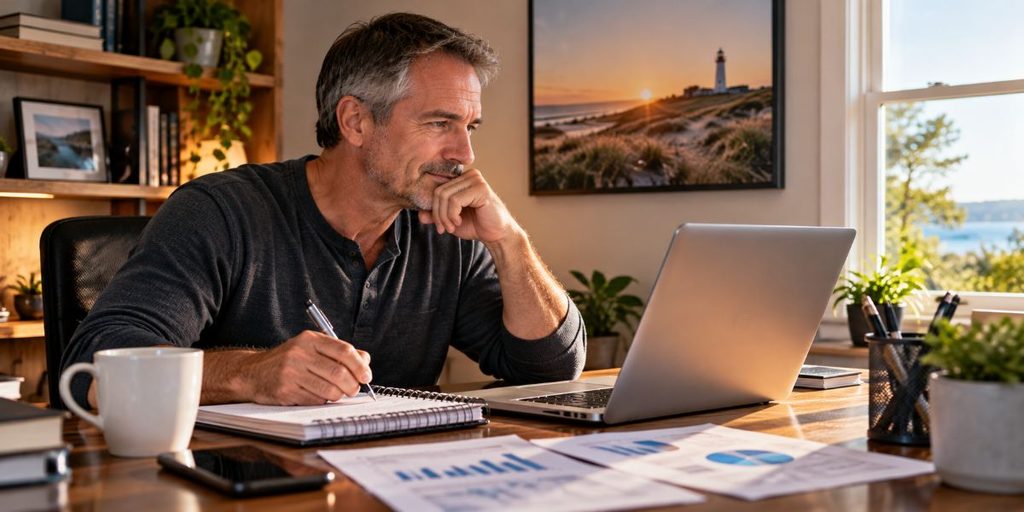 Man researching affiliate marketing and writing notes at his laptop in a bright, organized home office.