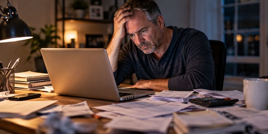 Frustrated man reviewing bills at his laptop after spending money on online business opportunities.