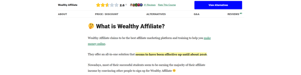 eBiz Facts Wealthy Affiliate review stating its all-in-one approach seemed effective until about 2016
